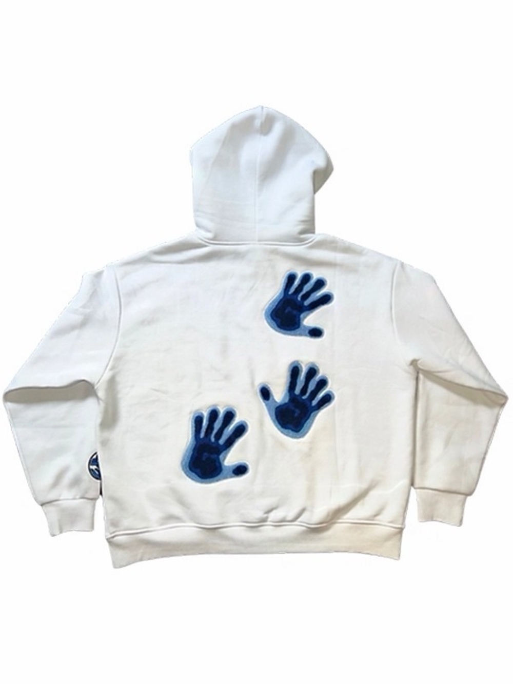 White Hoodie Sweatshirt with Blue Handprint Accents